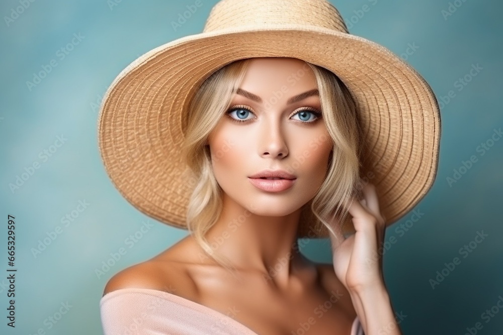 Generative AI : Portrait of a beautiful woman in a straw hat with french manicure. Generative AI : Portrait of a beautiful woman in a straw hat with french manicure.