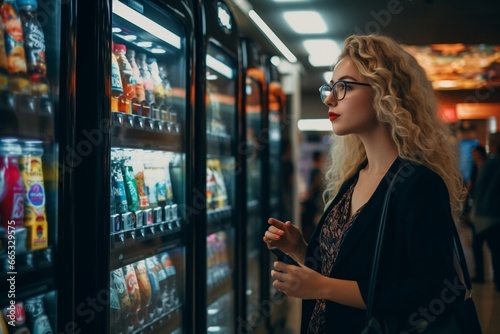 Generative AI : young caucasian woman in eyeglasses and black shirt stands by vending machines and chooses what to buy. photo