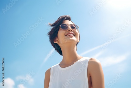 Generative AI : Smiling beautiful Asian woman short hair wearing sunglasses.