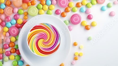 Flat lay of tasty rainbow candy on a white wooden table.