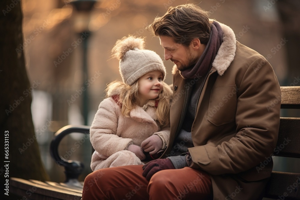 Generative AI : Father holding toddler daughter on a park bench in winter Generative AI : Father holding toddler daughter on a park bench in winter