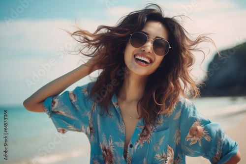 Generative AI : Happy smile female covering the sunshine with her hand on the sea
