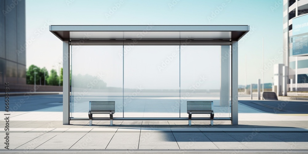 Generative AI : bus shelter at busstop. empty billboard. bus shelter ad. glass and aluminum structure.  - obrazy, fototapety, plakaty 
