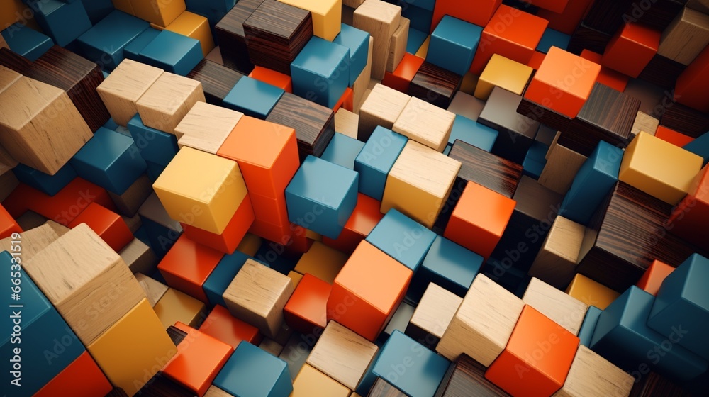 geometric block with a background of vibrant wooden puzzle pieces. logical reasoning, corporate logic, dilemmas, decisions, rationale, goals, objectives, and strategy concepts4k, high detailed,  - obrazy, fototapety, plakaty 