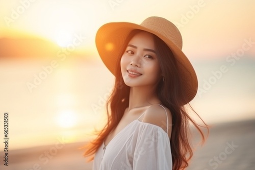 Generative AI : Portrait beautiful young asian women happy smile relax around beach sea