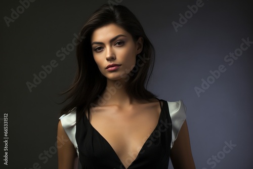 Generative AI : Captivating female model with curly hair and a slender sexual body poses elegantlyat,
