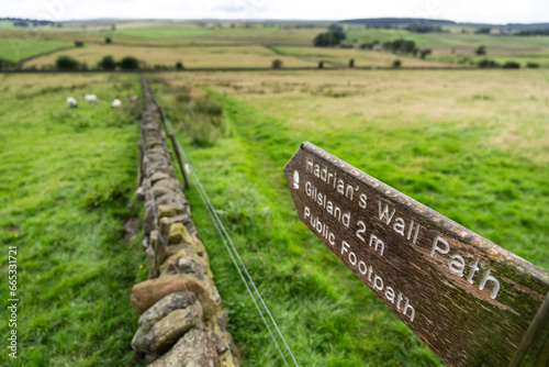 a signpost for Hadrian's Wall Path in a walled pasture, near Gilsland, Northumberland, UK photo