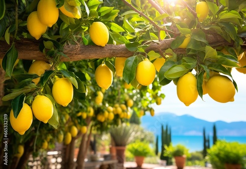 Lemons growing in a sunny garden on Amalfi coast in Italy.
