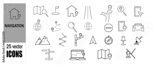 Set of 25 navigation icons. Linear style.