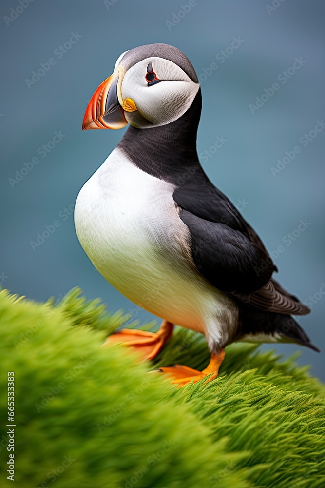 Naklejka premium Puffin bird on a green grass patch.