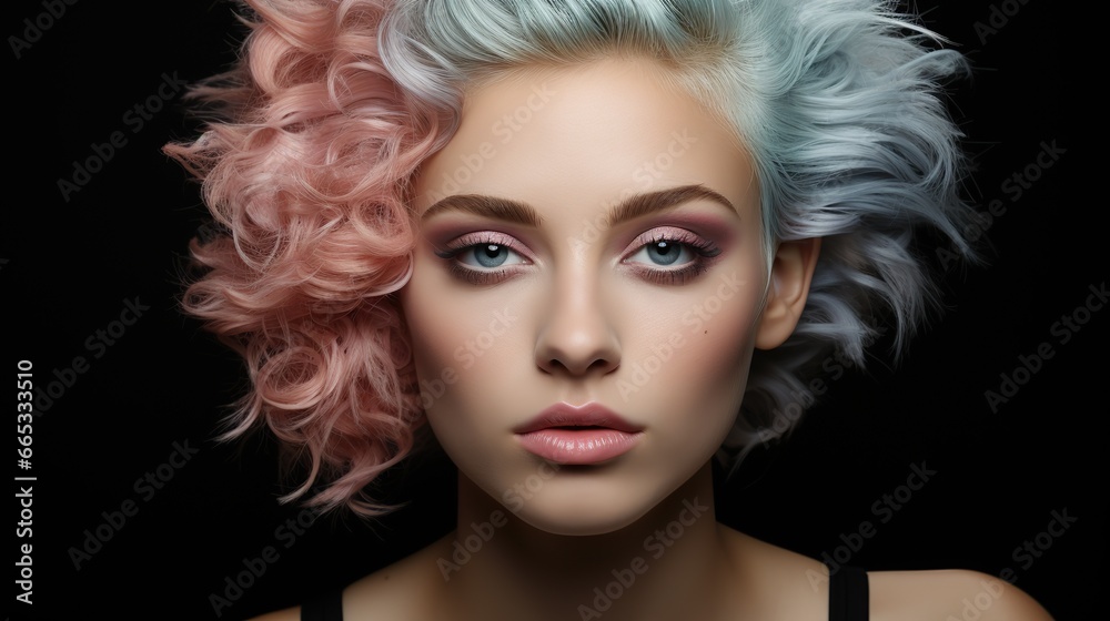 A vibrant woman with unique hair color and captivating eye color