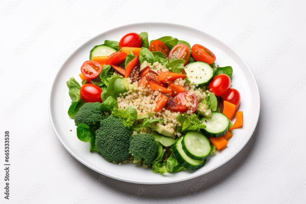 Salad with quinoa, spinach, broccoli, tomatoes, cucumbers and carrots. Salad with quinoa, spinach, broccoli, tomatoes, cucumbers and carrots.