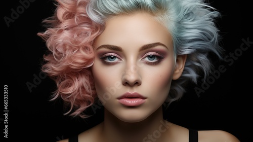 A vibrant woman with unique hair color and captivating eye color