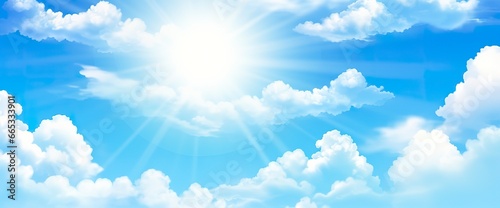 Sunny background, blue sky with white clouds and sun.