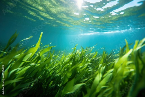 Underwater view of a group of seabed with green seagrass.