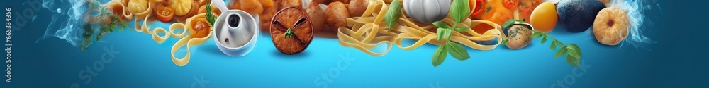 Web page banner of famous Italian food recipes on clean blue background. - obrazy, fototapety, plakaty 