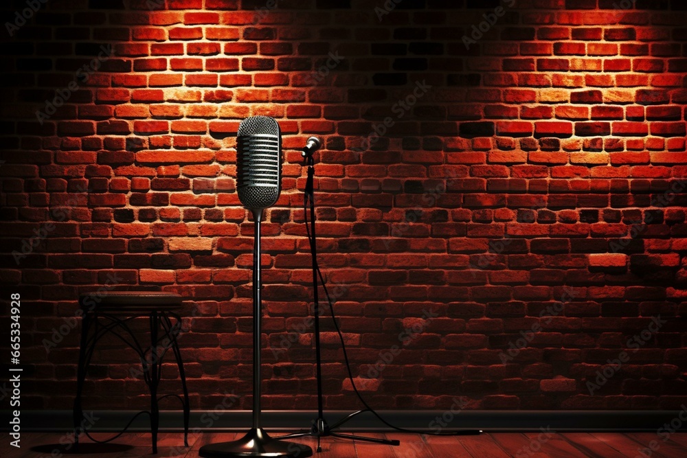 Background brick wall with stand up comedy stage microphone. Concept banner for open mic monologue. Generative AI - obrazy, fototapety, plakaty 