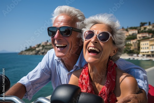 A joyful elderly couple with sunglasses on, laughing heartily while enjoying a sunny day by the coast, with a scenic backdrop of a coastal town
