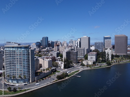 Bird's eye view of Oakland skyline with Lake Merritt on the foreground