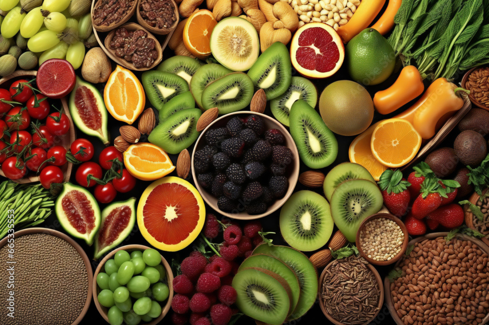 Health and wellness-related food, superfoods, organic food, vegan food, High fiber health food concept with superfoods high in antioxidants, omega 3, vitamins & protein. Flat lay. Top view. Health and wellness-related food, superfoods, organic food, vegan food, High fiber health food concept with superfoods high in antioxidants, omega 3, vitamins & protein. Flat lay. Top view.