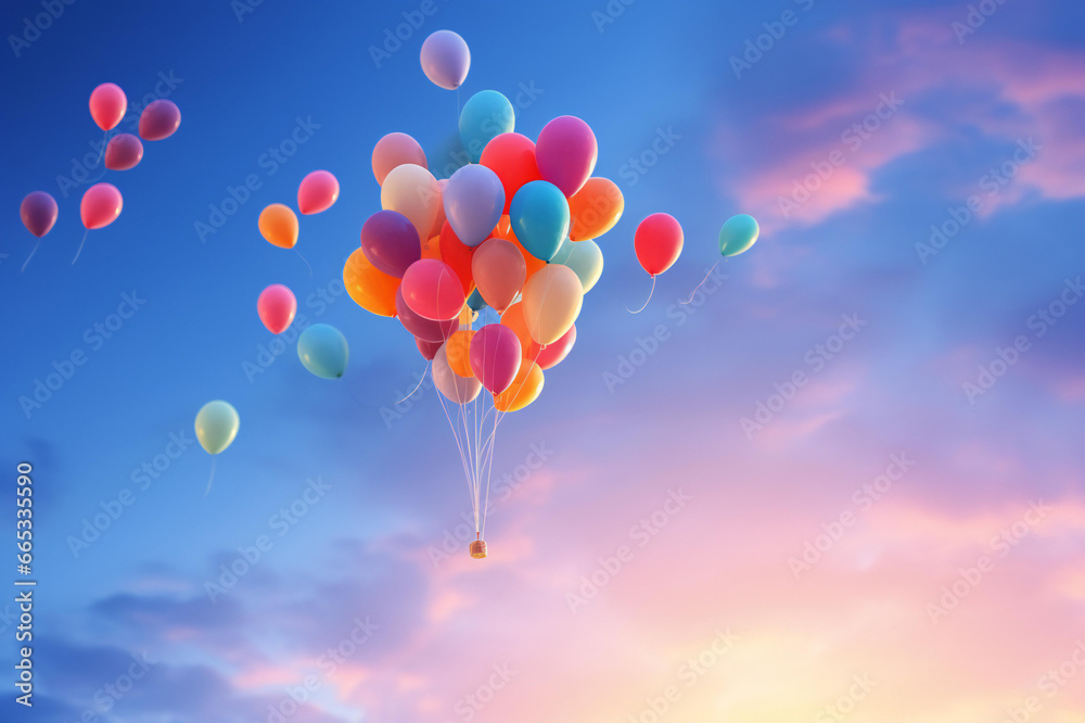 Multicolored balloons in the sky, the concept of happy birthday in summer, and the wedding honeymoon party minimalist compositions and copy space