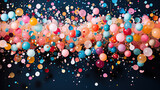 Colorful balloons rise up isolated on black background