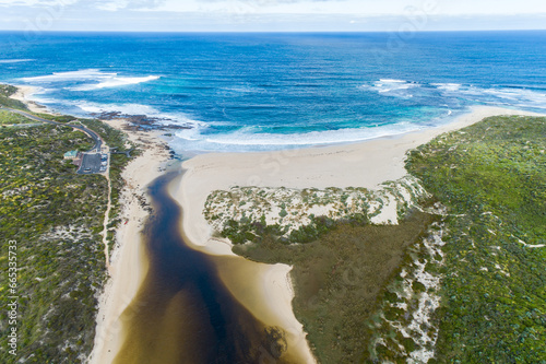 Aerial view of the Margaret River mouth and Indian Ocean.