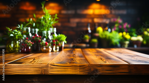 Pusty drewniany blat stołu kuchennego na zamazanym tle.