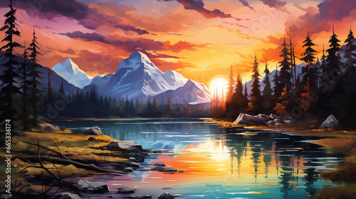 Beautiful scenic view of banff national park during sunrise or sunset. Colorful watercolor painting.