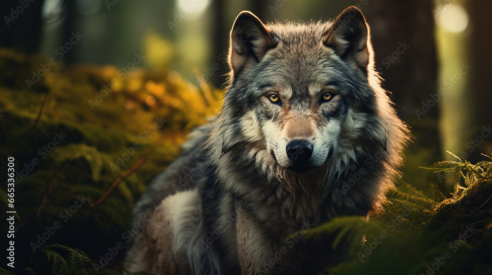 Fototapeta premium Portrait of gray wolf in the forest.