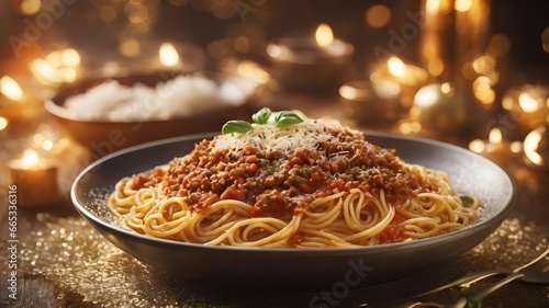 Delicious Spaghetti Bolognese With Fresh Parmesan With New Year Golden Bokeh Background