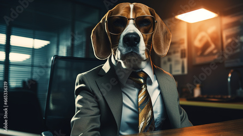 Cool looking beagle dog in business suit, tie and wearing glasses, sitting in the office.