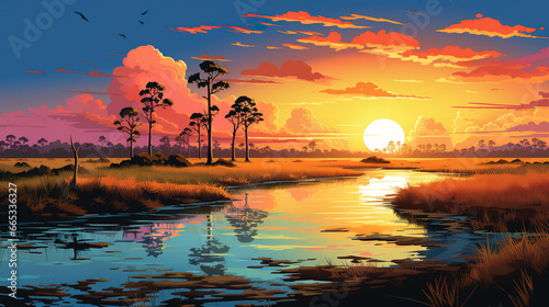 Scenic view of Everglades National Park, Florida  during sunset or sunrise in landscape comic style. 