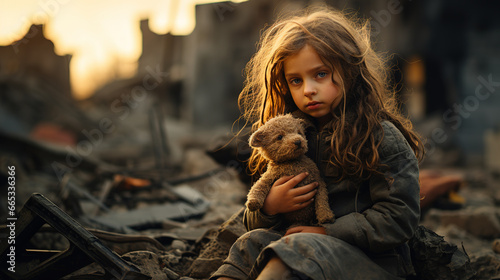 Sad little girl with her teddy bear, sitting in the ruin of the city from war and explosion. Buildings are destroyed by bomb. Victim from war. photo