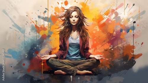 Illustration of beautiful woman performs meditation and yoga in mixed grunge colors style.