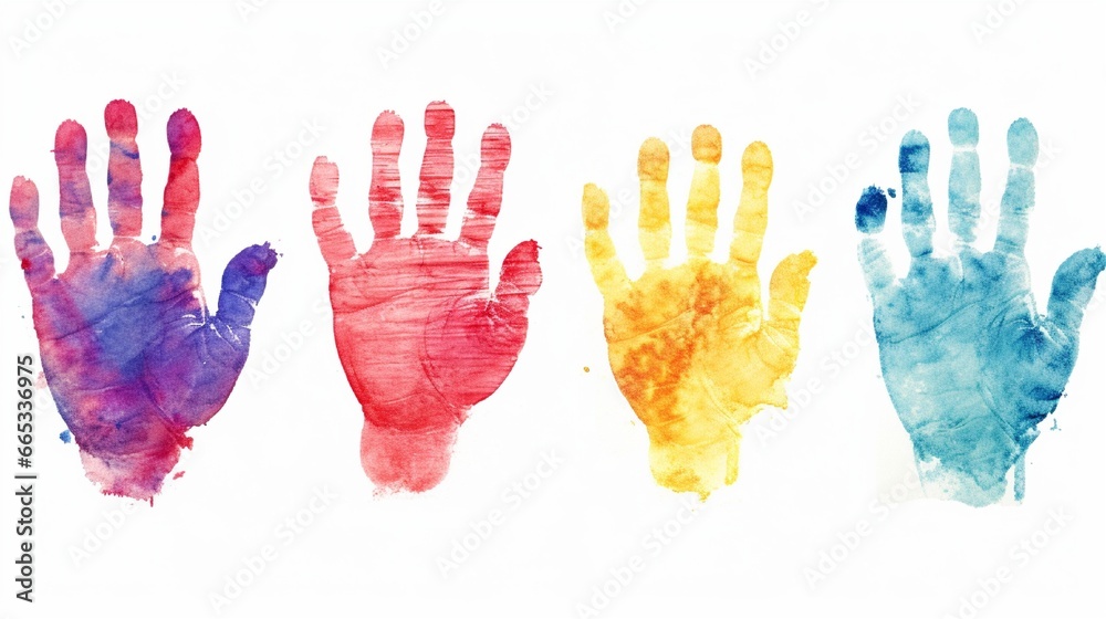 Set watercolor painting and a colorful handprint on a white background. 