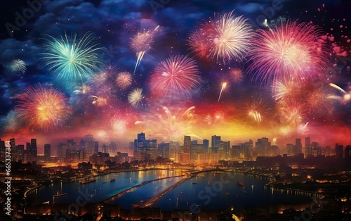 New year firework beautiful poster with a city skyline, skyscrapers, reflection. AI Generative