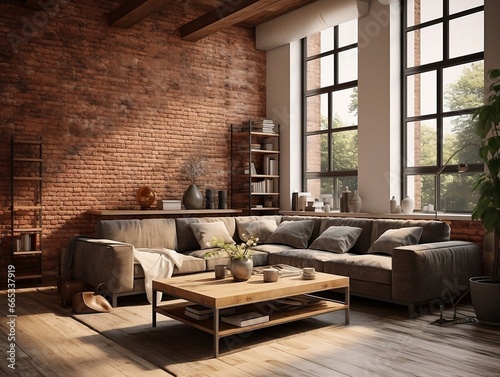 3D model of modern brick walls living room with couches and large windows generative ai © tanjidvect