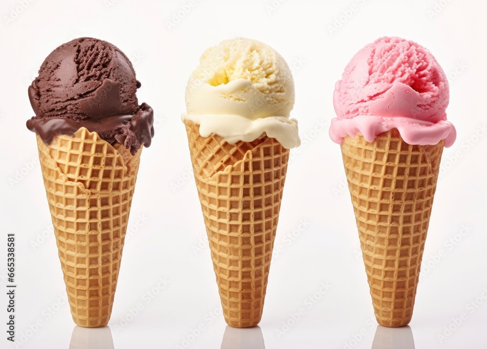 Chocolate, vanilla and strawberry Ice cream in the cone on white background. Chocolate, vanilla and strawberry Ice cream in the cone on white background.