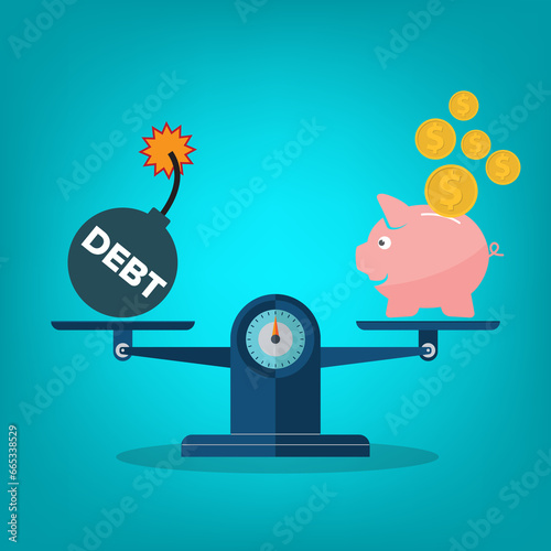 Debt and income on scales. Weighing, balance, debt statistics 