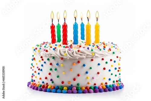 Colourful birthday cake with candles isolated on white background.