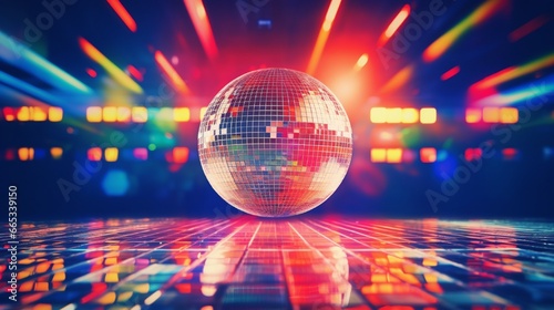 The background of a nightclub is illuminated by a vibrant disco mirror ball. The disco ball is lit by the celebration. 