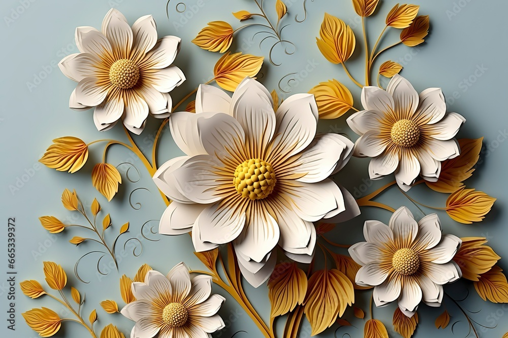 Elegant colorful 3d flowers with leaves on a tree illustration background. Elegant colorful 3d flowers with leaves on a tree illustration background.