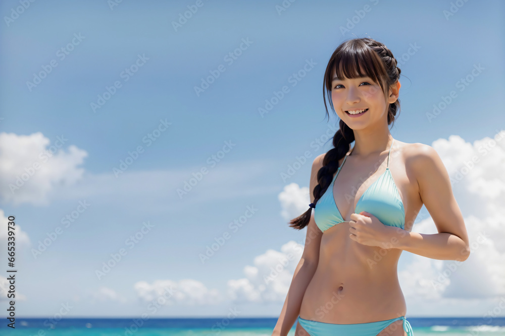 青空をバックに健康的に微笑む日焼けしたブルーのビキニの若い日本人女性