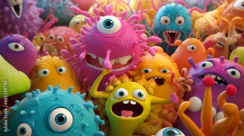 The picture shows a cluster of brightly colored, 3D-rendered squishy monsters with exaggerated proportions and amicable looks that evoke playfulness and a sense of childlike amazement.  © Muqeet 