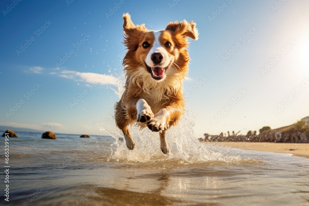 Dog jumping into the water on the beach