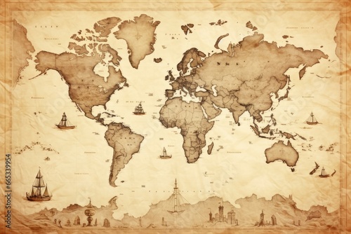 Great detailed illustration of the world map in vintage style. photo
