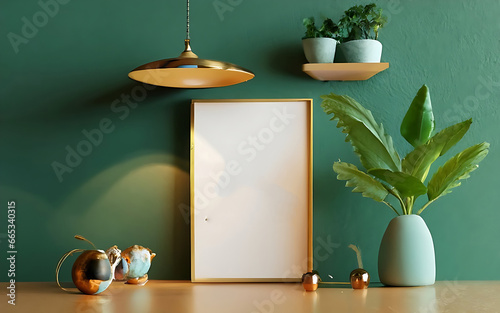 Mock up photo frame green wall mounted on the wooden cabinet 3d rendering. 