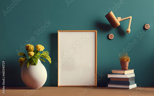 Mock up photo frame green wall mounted on the wooden cabinet 3d rendering. 