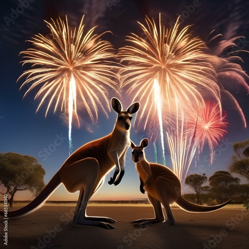 A kangaroo family hopping in sync with fireworks bursting in the sky above the Australian desert4 photo